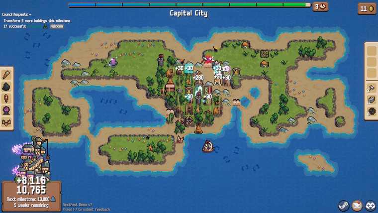 A later Combolands island at the Capital City milestone, with score pop-ups and a council request shown top left
