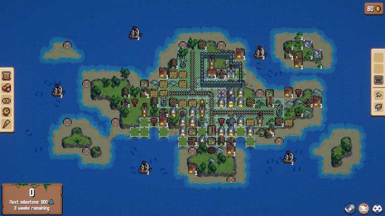 A Combolands island with buildings spread across grass, sand and coastline tiles